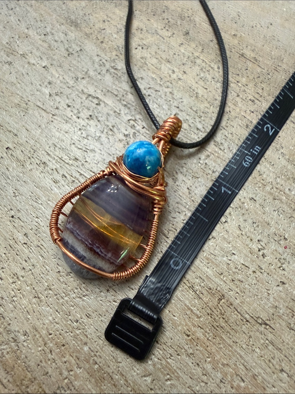 Handmade Copper Wire Wrapped Fluorite Pendant with Blue Apatite Bead - Picture 2 of 7